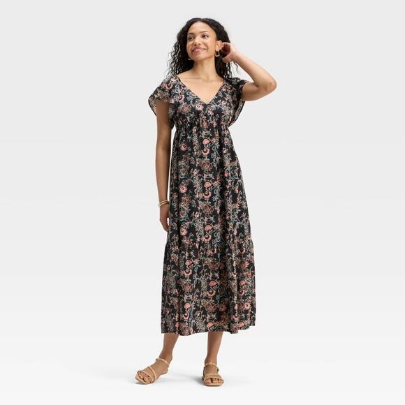 Universal Thread NWT Women's Flutter Sleeve Maxi A-Line Dress Black Floral S - Picture 1 of 10
